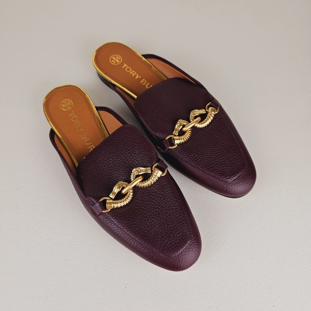 Tory Burch Jessa backless leather burgundy metal hardware slip-on low